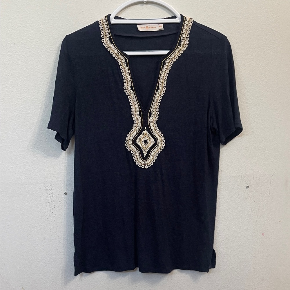 Tory Burch Navy Short-Sleeve Tunic with Gold V-Neck